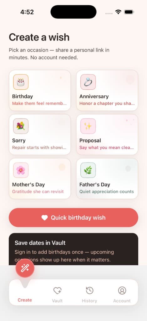 Occasio Create home — pick an occasion and share a wish