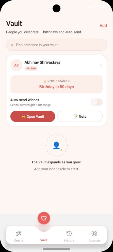 Occasio Vault with saved contacts and birthday countdown